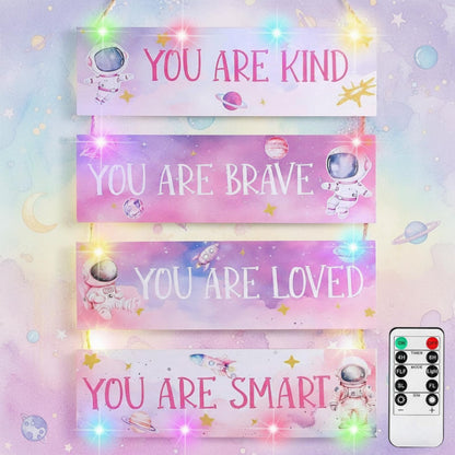 4 Pcs Space Room Decor for Kids Girls Pink Space Wall Art Bedroom Decor with Light and Remote Nursery Classroom Astronaut Galaxy Posters Spaceman Wood Sign Be Brave and Be Kind for Baby Girls