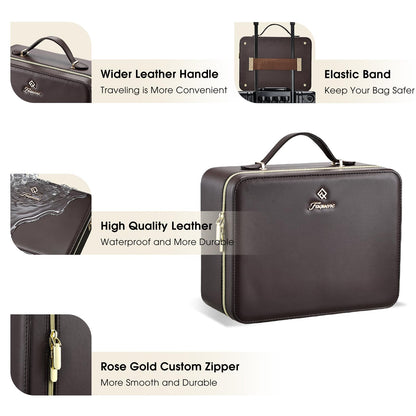Leather Makeup Case with LED Lighted Mirror 11.4 Inch Travel Makeup Bag Adjustable Brightness in 3 Colors Cosmetic Organizer Artist Storage Bag with Dividers Brush Holder Bag Vanity Dark Brown