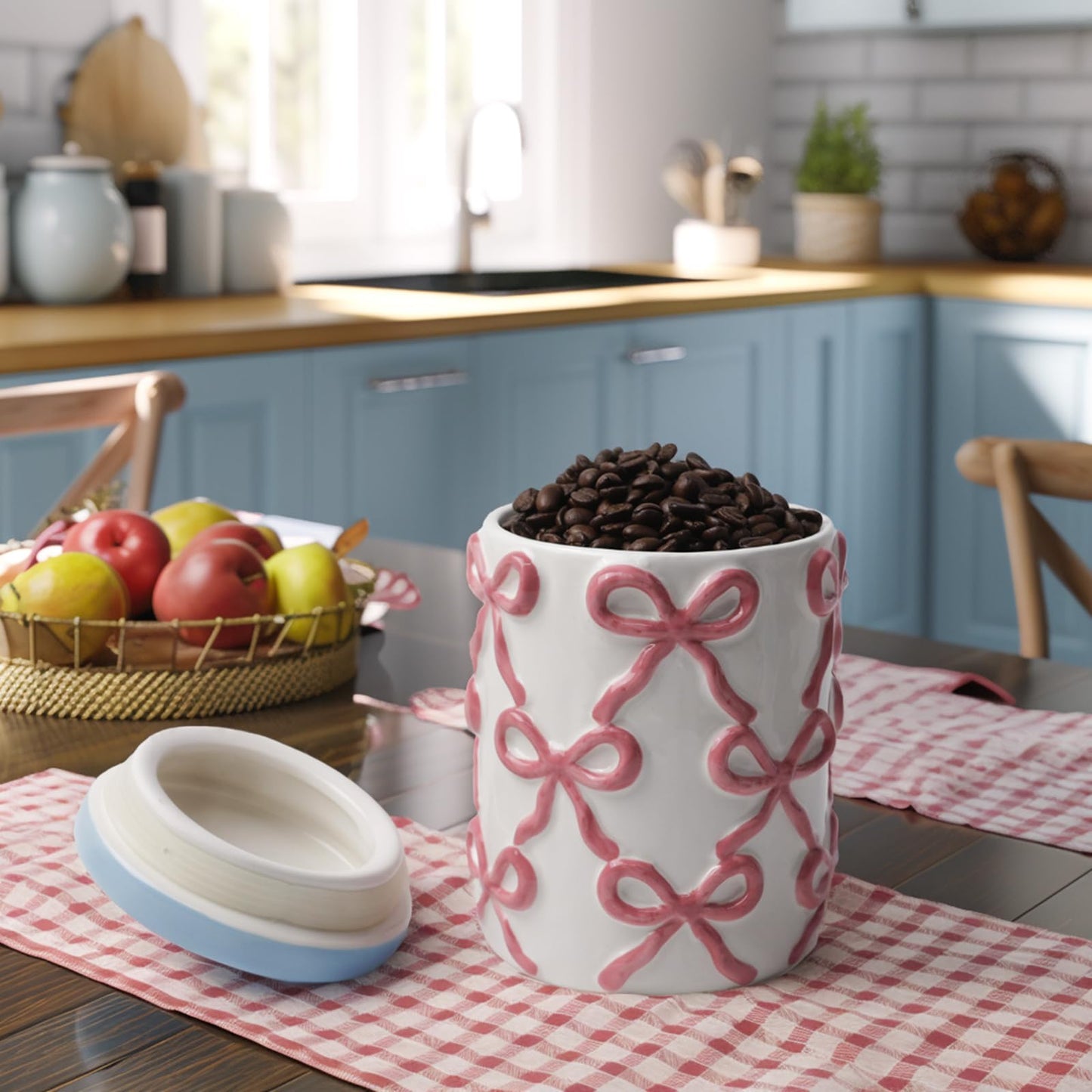 Cookie Jars with Lid Airtight, 42 OZ Large Ceramic Food Storage Containers, Cute Pink Bow Kitchen Canisters for Countertop, Suitable for Home Decor of Coffee, Sugar, Tea, Flour, Dog Treat (7.5 inch）