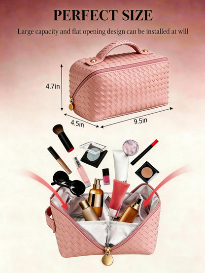 Husuctic Travel Makeup Bag for Women: Large Capacity Waterproof PU Leather Case Easy to Care Open Flat Portable Pouch Cosmetic Make Up Toiletry Organizers for Travel Essentials (Pink)
