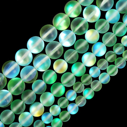 Matte Green Aurora Crystal Glass Beads, 6MM Frosted Glitter Shining Mermaid Round Loose Beads, Rainbow Holographic Synthetic Moonstone for Jewelry Making DIY Bracelet