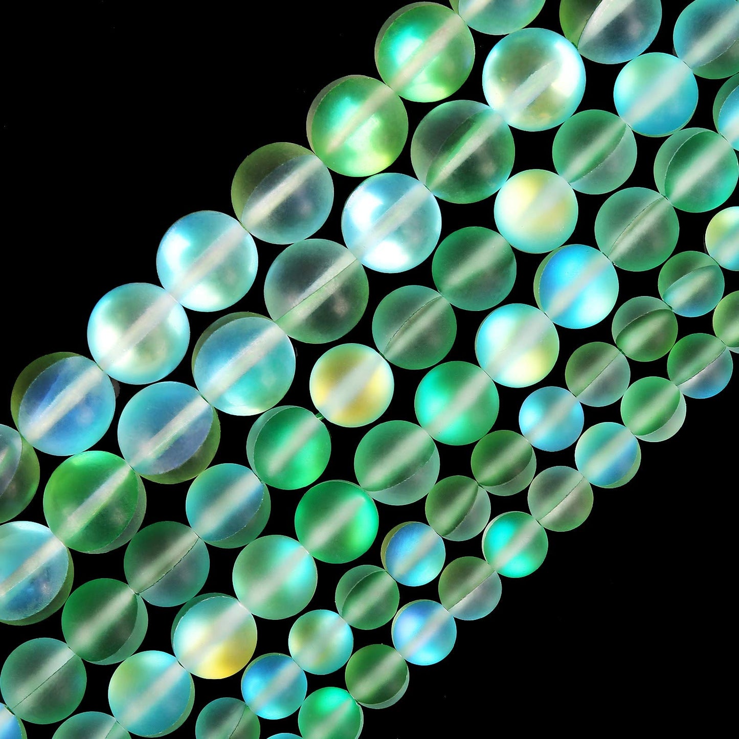 Matte Green Aurora Crystal Glass Beads, 8MM Frosted Glitter Shining Mermaid Round Loose Beads, Rainbow Holographic Synthetic Moonstone for Jewelry Making DIY Bracelet