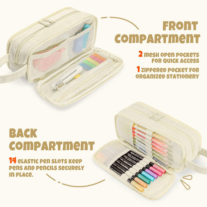 SUNEE Large Capacity Pencil Case with 3 Compartment, Extra Big Pencil Pouch, Pencil Bag with Zipper, Cute Stationery Organizer, Soft Corduroy Pen Box School Supplies for Student Teen Girls Boys, Beige