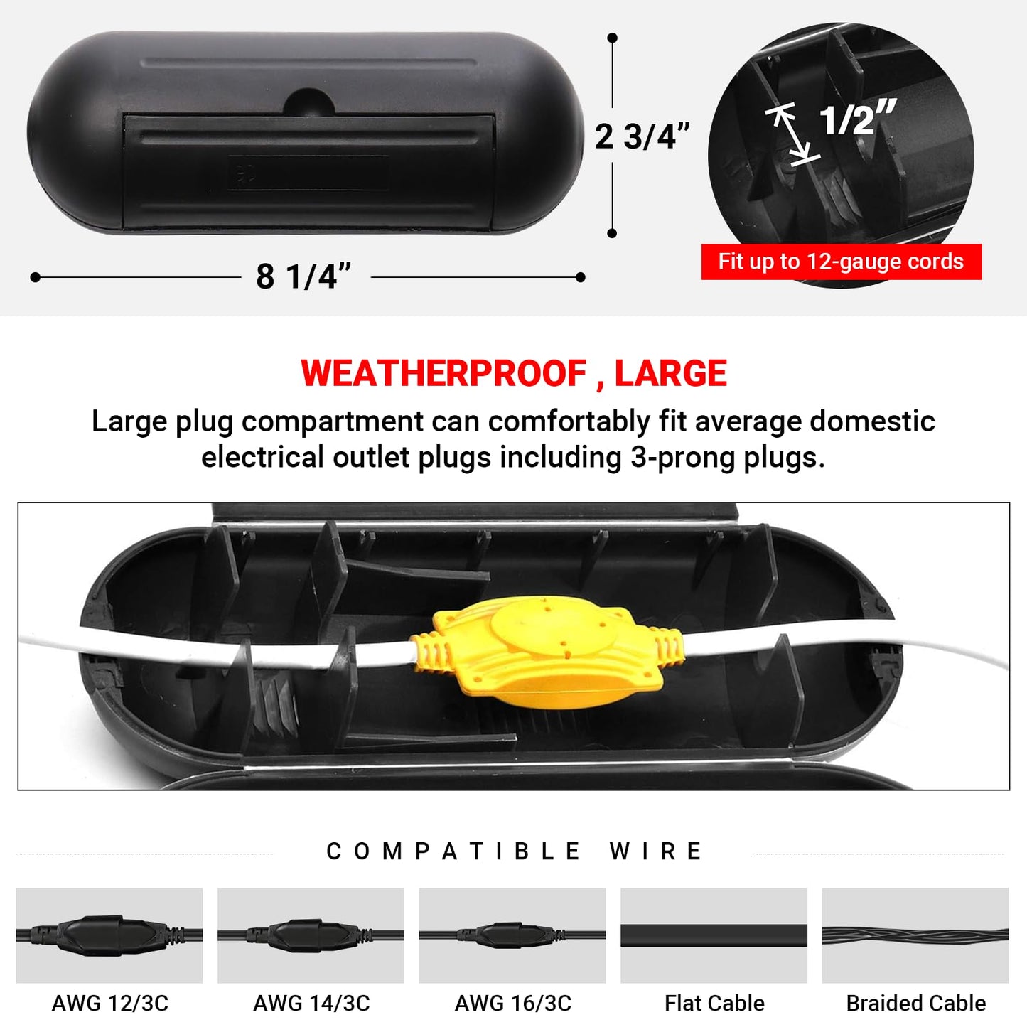 4 Pack Extension Cord Protective Cover Set (Black) | Indoor Outdoor Water-Resistant Holder for Holiday String Lights and Wires | Capsule Shaped Protector with Large Compartment
