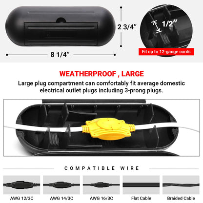 4 Pack Extension Cord Protective Cover Set (Black) | Indoor Outdoor Water-Resistant Holder for Holiday String Lights and Wires | Capsule Shaped Protector with Large Compartment