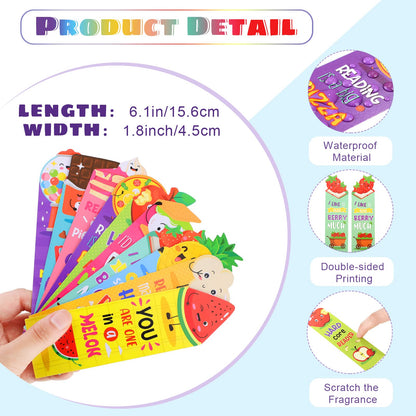 Eersida 120 Pieces Scratch and Sniff Scented Bookmarks Kids Fruit Food Theme Sayings Bookmarks Sayings Assorted Cute Scented Gifts for Students Teens Food Lovers, 10 Styles