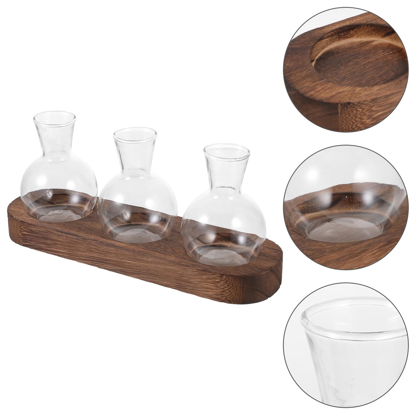 SEWCHICS Decorative Hydroponic Glass Vase Set with Wooden Base, Table Flower Vases for Indoor Plant Arrangement, Office and Home Desk Plant Terrarium, 3pcs