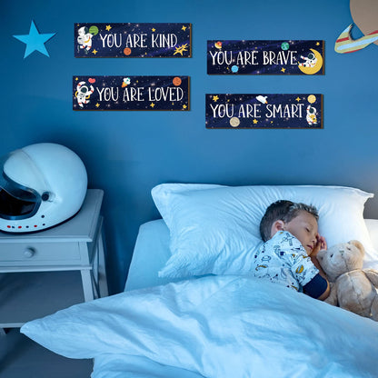 Yookeer 4 Pcs Space Room Decor for Kids Boys Outer Space Wall Art Bedroom Decor for Nursery Classroom Astronaut Galaxy Posters Spaceman Wood Sign Be Brave and Be Kind for Baby Boy(You)