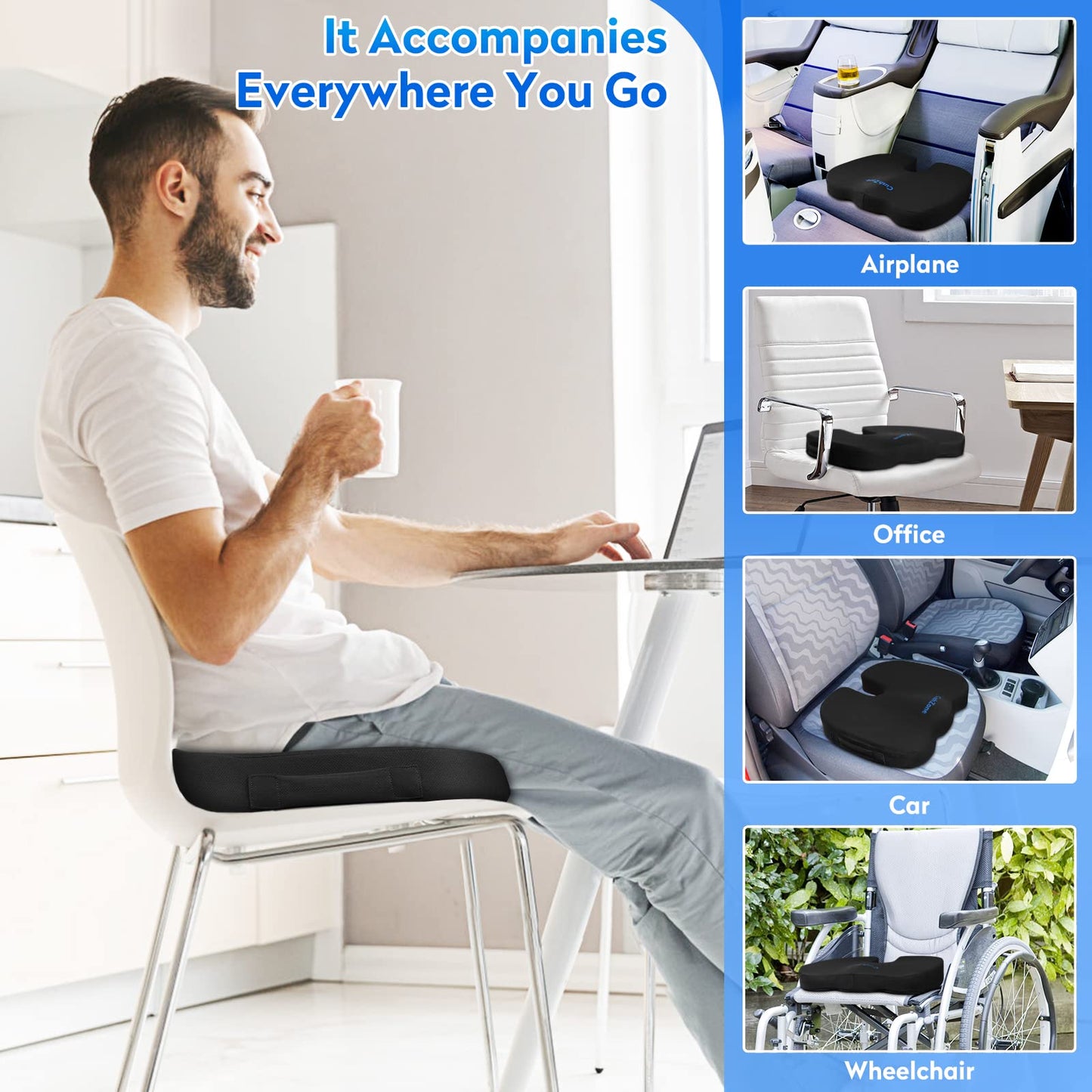 Ergonomic Memory Foam Seat Cushion with Non-Slip Base - Office Chair, Car, Airplane, Wheelchair & Bleacher Support - Pressure Relief for Back, Tailbone & Sciatica (Black)