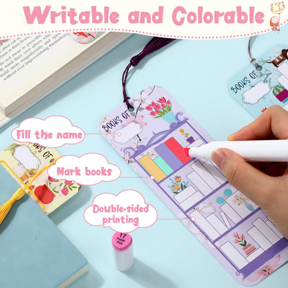 100 Pcs Book Tracker Bookmarks with 100 Tassels Bookshelf Design Reading Page Markers Double Sided Bookmarks Gifts for Book Lovers Book Club Gifts