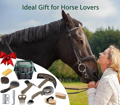 Horse Grooming Kit 13 Piece, Horse Brushes for Grooming Supplies Set with Organizer Bag, Horse Brush & Curry Comb for Effective Cleaning, Gift for Horses Riders Beginners