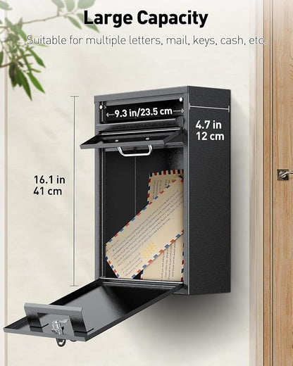 Uniclife Wall Mount Mailbox for Outside, Anti-Theft Heavy Duty Locking Mailbox, Large Mailbox with Key Lock, Security Mail Box, Safe Key Drop Box, Post Box, Steel Cash Drop Box for Home Office, Black