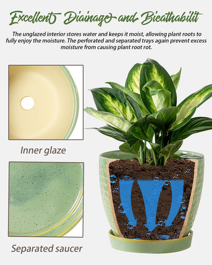 Plant Pots, Flower Pots, Planters for Indoor Plants(6.5+5.5inch), Flower Pots for Indoor Plant with Drainage Hole and Saucer, Ceramic Pots for Plants with Hole Mesh Pad,Sage Green
