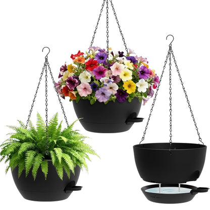 UOUZ Set of 3-10 Inch Self Watering Hanging Planters for Indoor & Outdoor，Hanging Plant Pots with Drainage & Removable Tray, Hanging Pots Holder for Ivy, Spider Plants, Ferns, Balcony & Patio, Black
