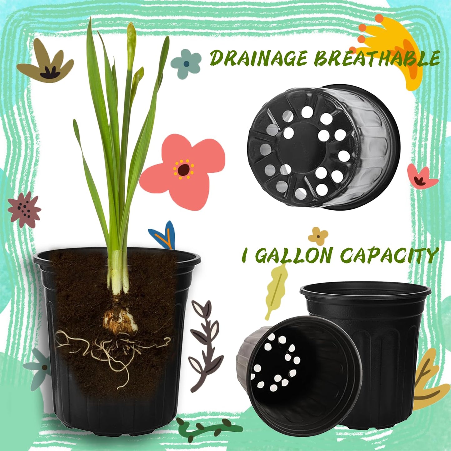 Paradi star 60 Pcs 1 Gallon Flexible Plant Nursery Pots,Plastic Thickened Soft Seedling Pot with Plant Labels,Flower Seed Starting Containers for Succulents,Transplanting,Indoor Outdoor,Black