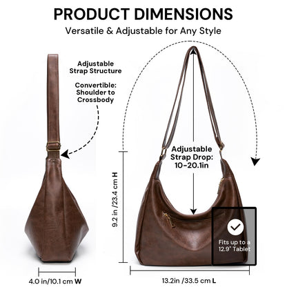 Purses for Women Slouchy Shoulder Bag Hobo Bag Soft Vegan Leather Adjustable Wide Strap Crossbody Tote Multi Pocket Handbags (Brown)