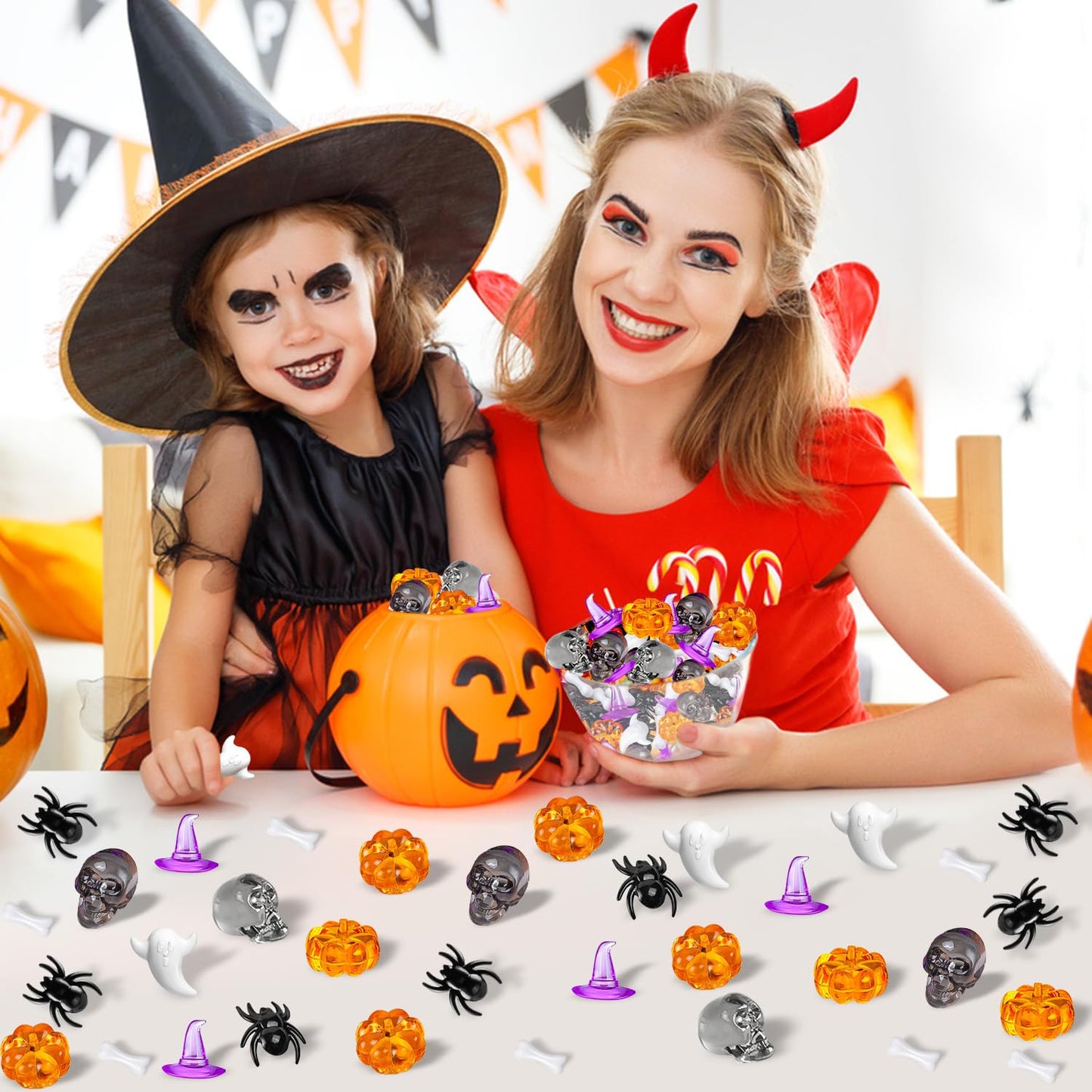 ZHWKMYP 220 Pcs Halloween Vase Filler, Mini Acrylic Pumpkin Ghost Skull Spider Witch Hats Gems for Centerpieces Table Decorations, Halloween Sensory Bin Filler Decor for DIY Crafts