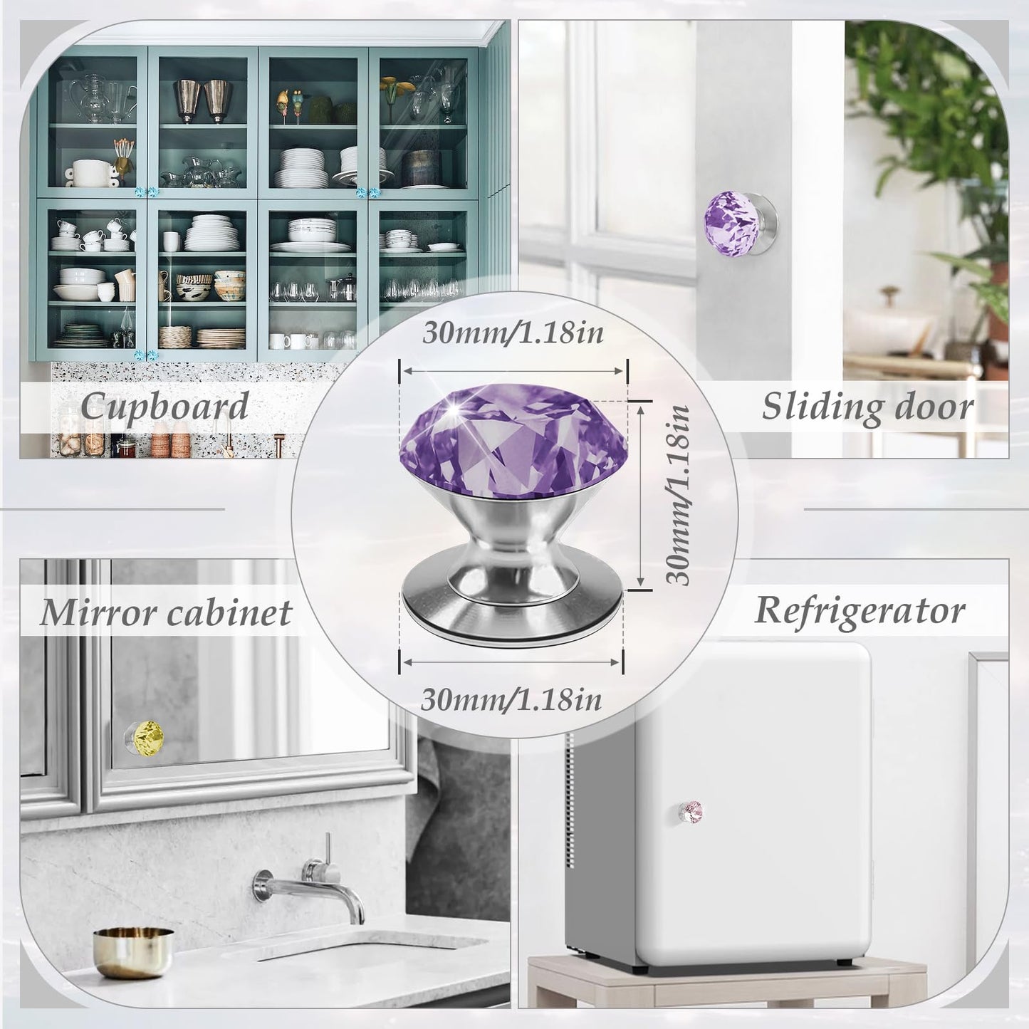 CcHhyyt 4 Pcs Crystal Adhesive Knobs Stick On Cabinet Handle Purple K9 Crystal Pulls Peel and Stick Dresser Pulls for Mirror Cabinet Drill Free Knobs for Glass Sliding Doors Fish Tank Lid Terrarium