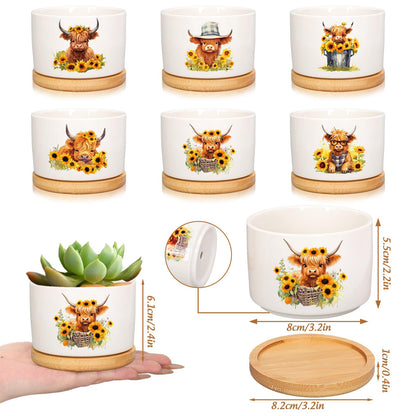 FYSUIMU 6Pcs Highland Cow Decor Gift Planter Rustic Cow Sunflower Ceramic Succulent Pots Animal Plant with Tray Appreciation Gift for Farmhouse Home Office Kitchen Bathroom, No Plants