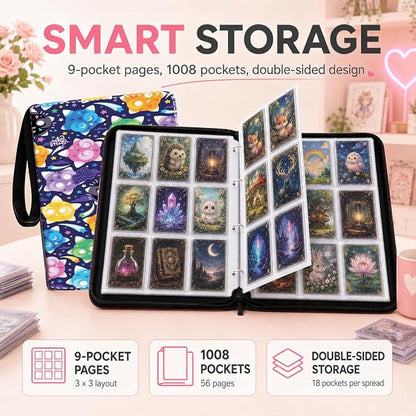 1008 Cute Card Binder 9 Pocket, 3-Ring Trading Card Binder with 56 Page Removable Sleeves, High Storage Waterproof Trading Card Holder Collection Card Album Organizer Case for TCG Cards - Cute