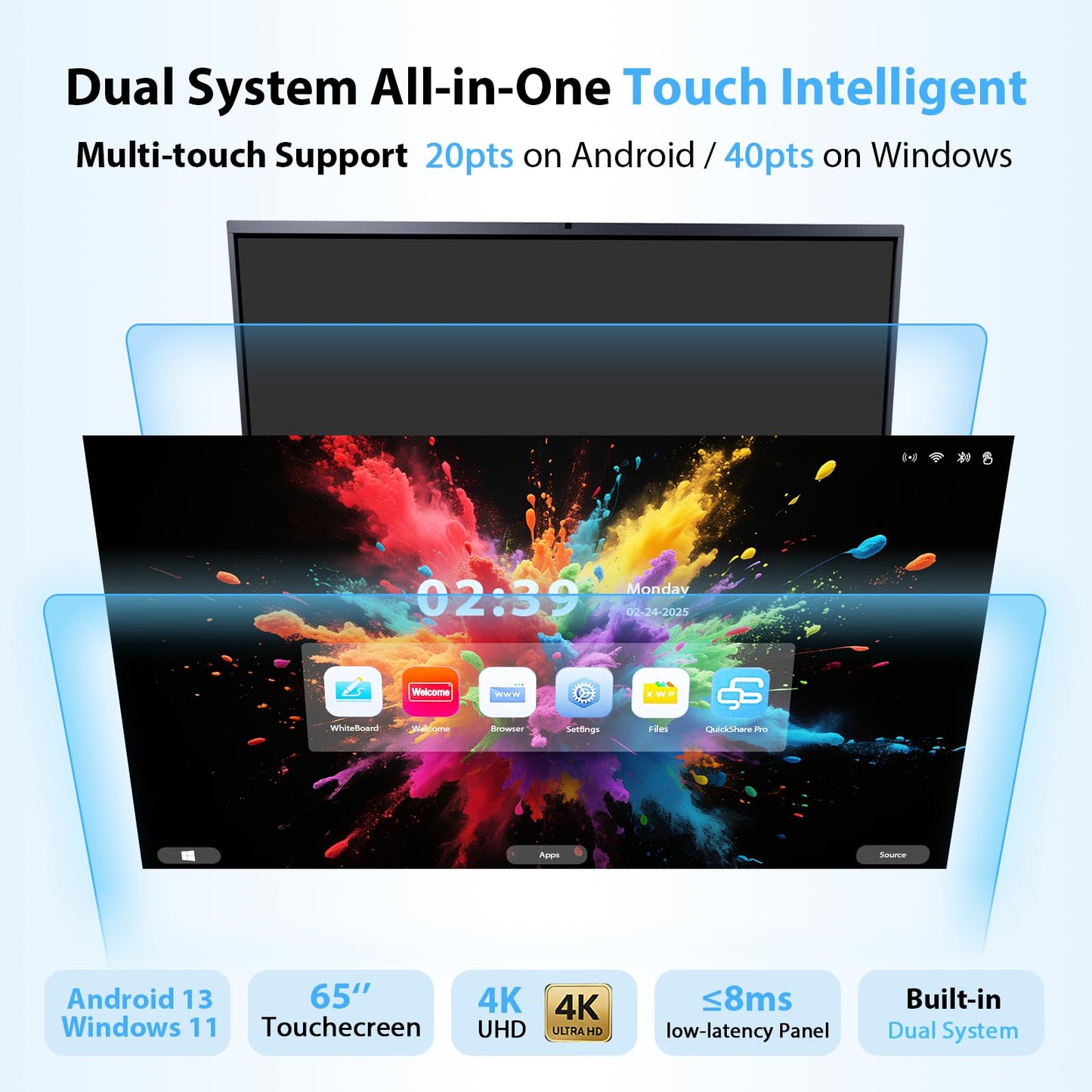 HWSXEEC Smart Board 65 inch, Interactive Smartboard Digital Whiteboard with Dual OS Android Windows, Touch Screen Wall Mount for Classroom Business Office
