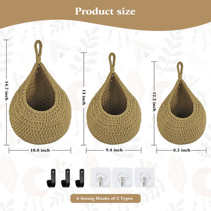 CKCY Hanging Fruit Baskets for Kitchen, 3 Pack Boho Wall Hanging Basket Woven Storage Garlic Keeper for Vegetable Produce Hammock Holder Home Kitchen Decor, Brown