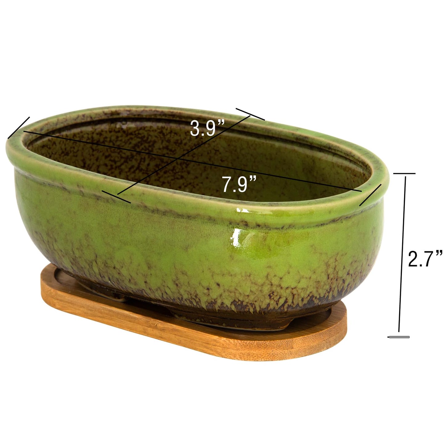 ARTKETTY Succulent Pots - Large Succulent Planters with Drainage Tray, 7.9'' Ceramic Pots for Indoor Cactus Plants, Oval Bonsai Flower Plant Container Bowl Decorative Home Desk Windowsill