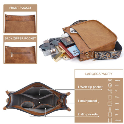 HKCLUF Crossbody Bags for Women Trendy Vegan Leather Hobo Handbags With 2PCS Adjustable Guitar Strap Crossbody Shoulder Bag Purse For Women(Stitching Brown)