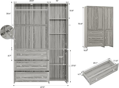 VOWNER Armoire Wardrobe Closet with Drawers and Mirror, 71" Clothing Storage Cabinet with Hanging Rod, 4 Doors Wooden Wardrobe Cabinet for Bedroom, Large Capacity Storage (1, Gray Oak)