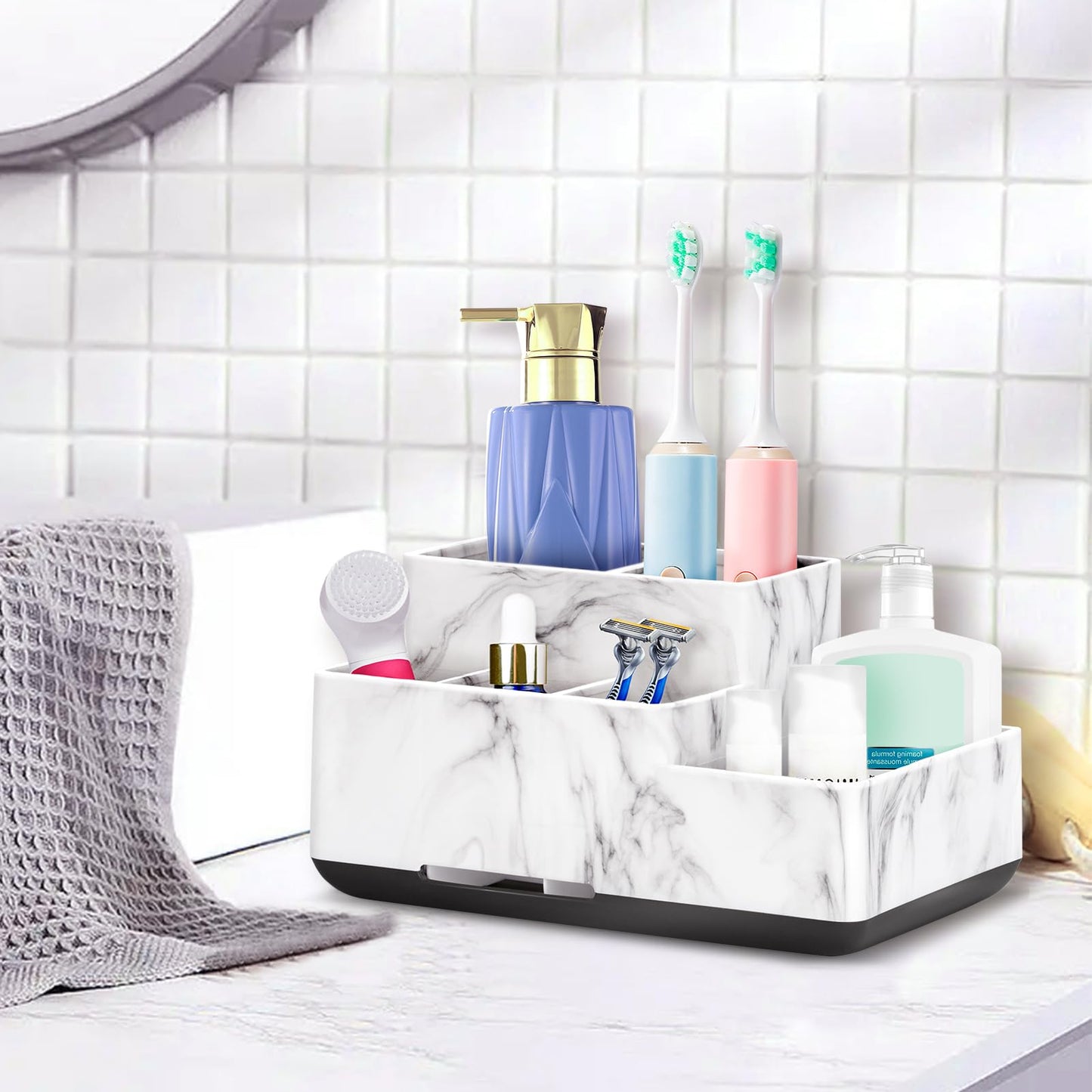 Toothbrush Holder,Bathroom Organizer Countertop, 5 Compartments Multifunctional Storage for Cosmetic, Makeup, Office Stationery Pencil,Toothpaste, Toothbrush,Ideal Gift for Home, Office