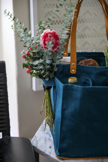 CapaBunga Farmer's Market Tote Shopping Bags with Handles - 7 Pocket Large Utility Tote Bag - Heavy Duty Canvas Utility Bag with Vegan Leather Base - Reusable Tote Bag - Petrol Blue Grocery Bag