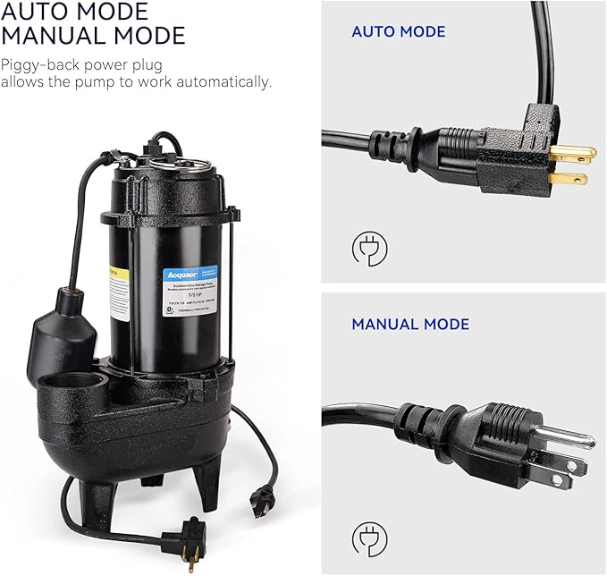 Acquaer Sewage Pump, Cast Iron, Automatic Tethered Float Switch, Sewage Effluent Pump for Sump Basin, Basement, Residential Sewage, 2'' NPT Discharge, Black