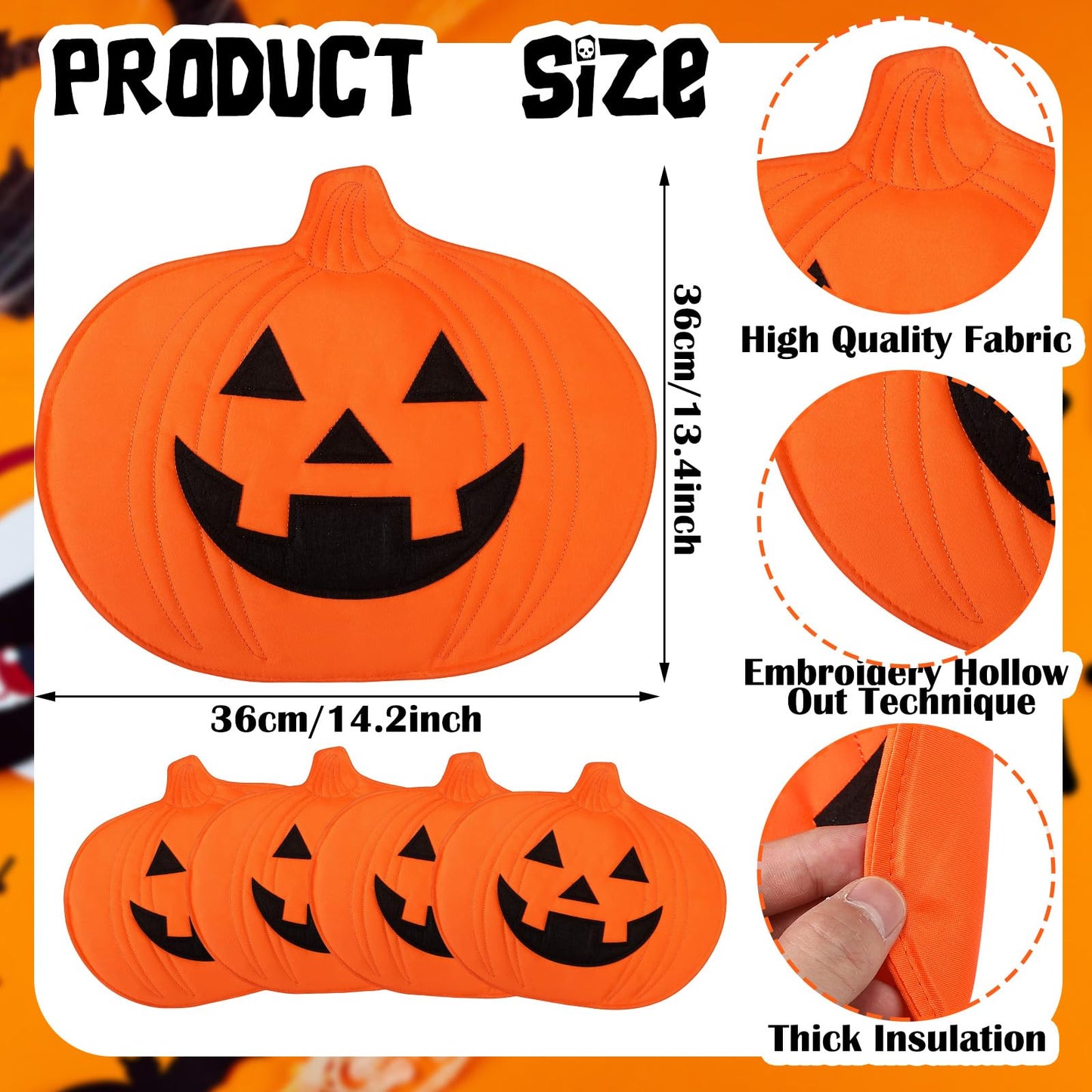 Widecook 4 Pcs Halloween Pumpkin Placemat Jack O Pumpkin Shaped Table Mats 13" x 14" Fall Autumn Harvest Table Decoration for Thanksgiving Holiday Festival Kitchen Dinner Tabletop Party Decor(Smile)