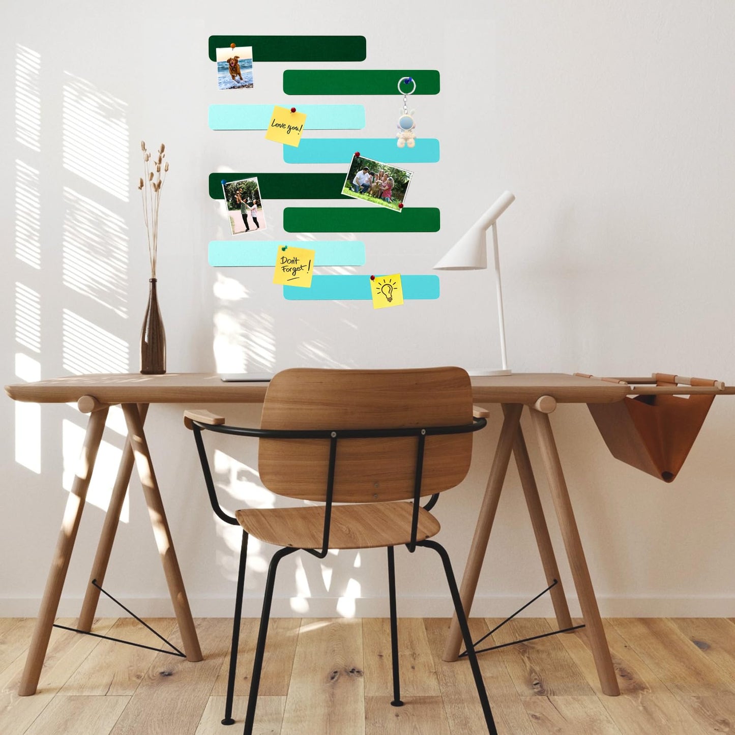 HULAVO 8Pcs Rectangle Felt Cork Board Bar Strips with 35 Pushpins, Self-Adhesive Bulletin Board Strips for Office School Home Wall Decor Stickers Memos Schedules Photos Display -Gradual Green