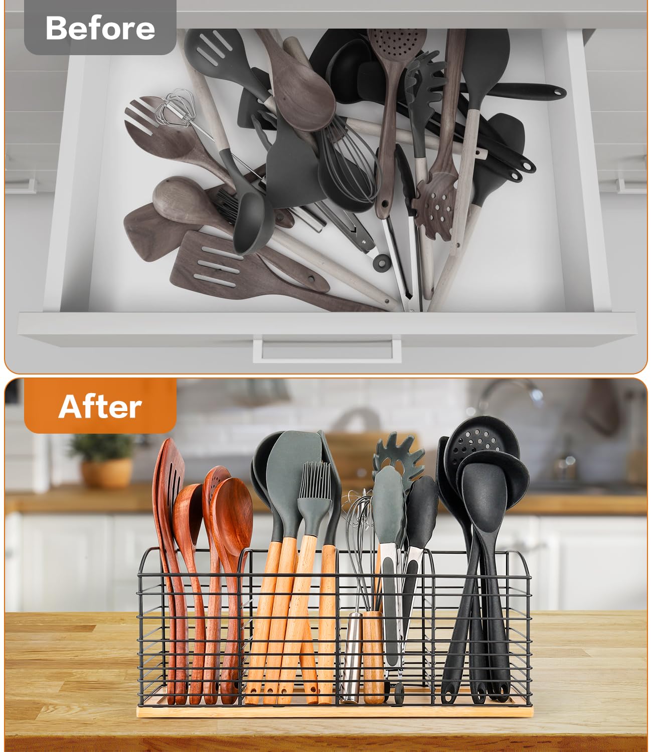 PrimZooty Extra Large Utensil Holder for Kitchen Counter - 15.7"x 6.7"x 4.4", Aesthetic Design, Anti-Slip Mat, 4 Compartments, Black Cooking Utensil Organizer for Countertop, Spatula Utensil Caddy