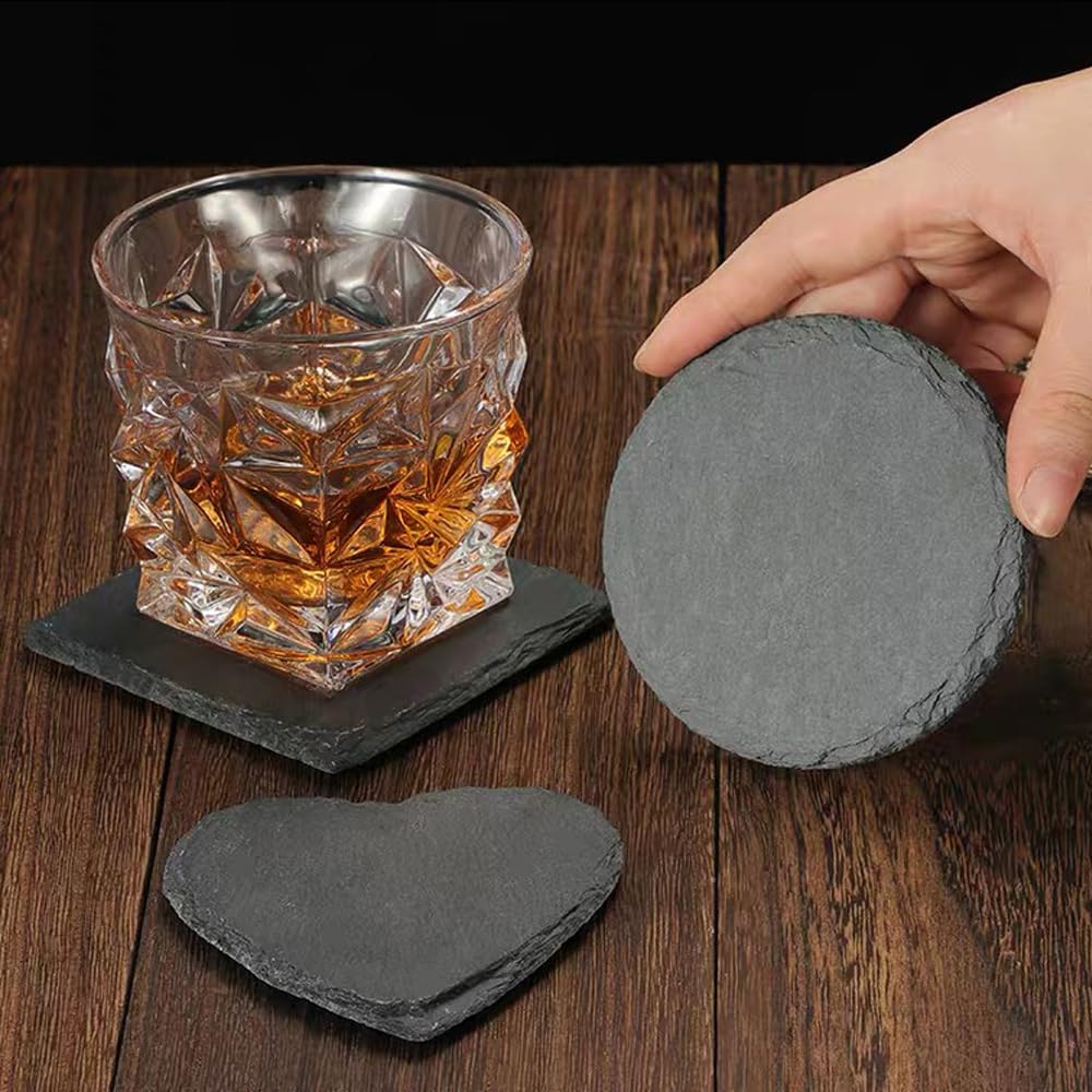 Black Slate Coasters for Drinks, Cup Coaster Set of 8 with Metal Holder, Coffee Cup Beverage Wine Beer Coasters for Home Office Bar Decor (Square)