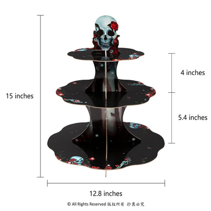 Cheerland Halloween Cupcake Stand Black Red Skeleton Birthday Party Decorations Rose Skull Party Decoration Goth Birthday Decor Spooky Skeleton Gothic Halloween Wedding Decorations