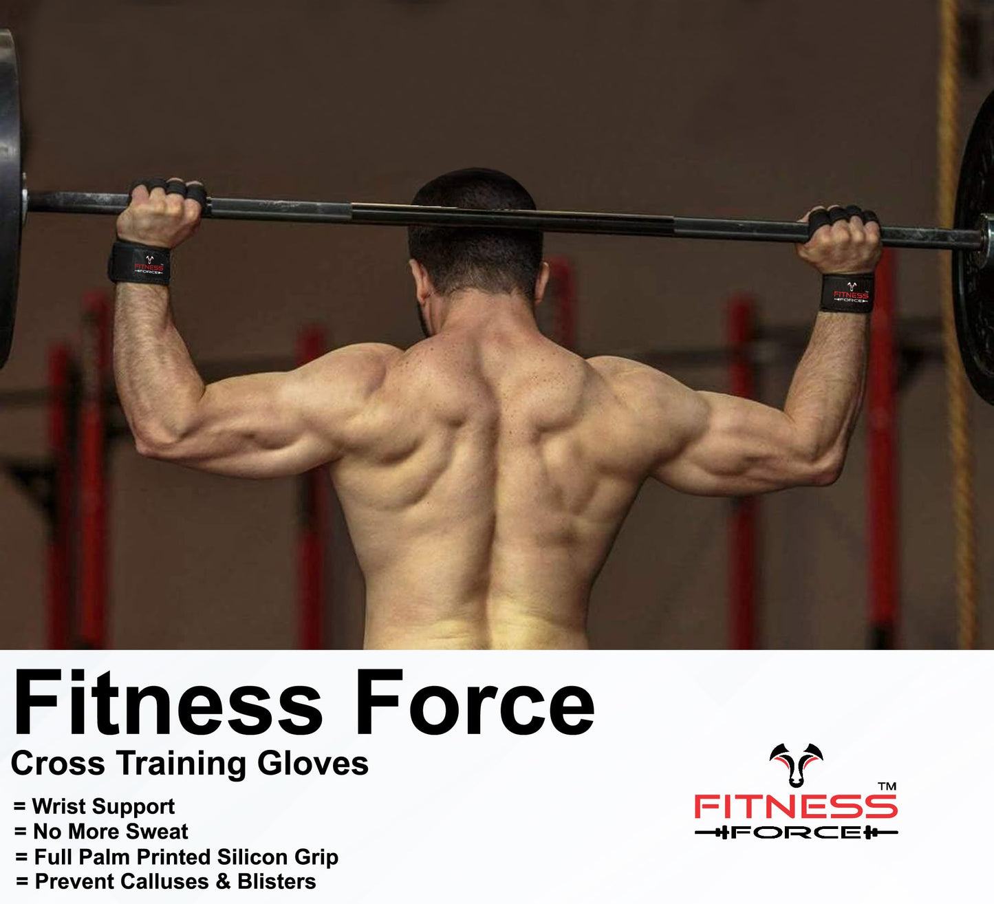 FITNESS FORCE Ventilated Weightlifting Gloves Workout Gloves for Men & Women with Built-in Wrist Wraps Fingerless Gym Gloves for Men Perfect for Exercise Fitness, Weight Lifting, Cross Training