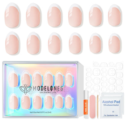 modelones Pink Short Press on Nails, Fall Halloween Oval Fake Nails Kit Press Ons with Nail Glue, Adhesive Tabs, Nail File, Prep Pad, Manicure Stick, 32Pcs 16 Sizes