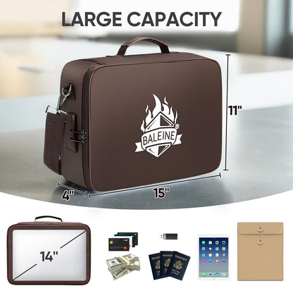 BALEINE Fireproof Document Box with Lock, Portable Fireproof Document Bag Waterproof Fire Proof File Boxes for Documents, File Organizer Box for Important Paperwork (Brown, 15''x11''x4'')