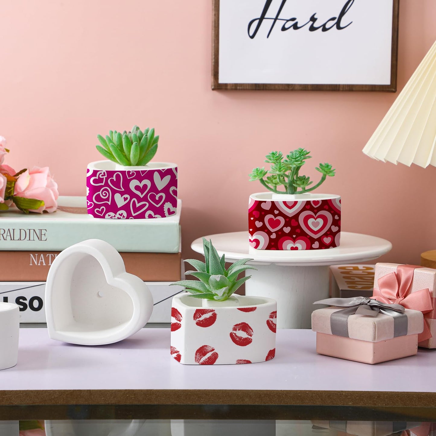 Beeveer 6 Pcs DIY Craft Kits Make Your Own Ceramic Succulent Planters Paintable Heart Shaped Decoration, and Ceramic Succulent Planters Kit for Mother's Day from Daughter Son