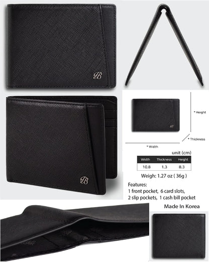 Maskfactory stwees bifold leather wallets - Ultra slim, RFID, Front pocket, slim, ID window (Pocket style B, Black)