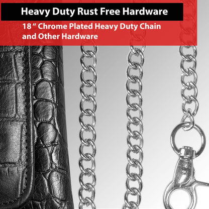 IBRO Motorcycle Chain Wallet for Men – Premium Cowhide Leather, RFID Tri-Fold Biker Wallet with Heavy Duty Chain for Bikers Truckers & Hunters, Credit Card Money Organizer Long Wallet Crocodile Black