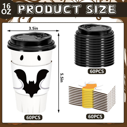 Whaline 60 Set Halloween Disposable Coffee Cups with Lids and Bat Candy Cone Pumpkin Sleeves 16 Oz Ghost Paper To Go Cups for Trick or Treat Party Supplies