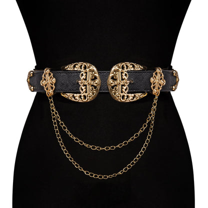 Barry.Wang Women Double Western Belt Vintage Leather Black Belt Gold Buckle Design Elastic Waist Chain Jeans Dresses Cowgirl