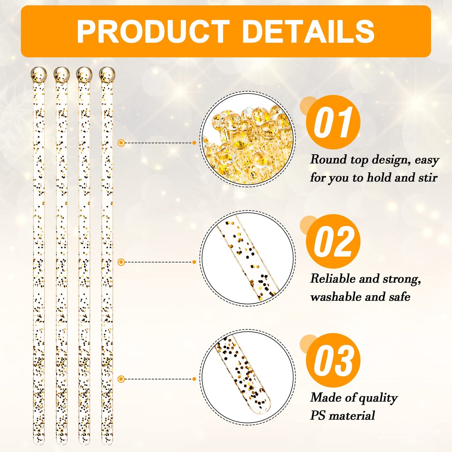 500 Pcs Gold Glitter Plastic Swizzle Sticks Crystal Cake Pops Disposable Cocktail Stir Sticks Round Ball Top Stirrers Gold Lollipop Stick for Drinks Coffee Cocktail, 7.28 Inches