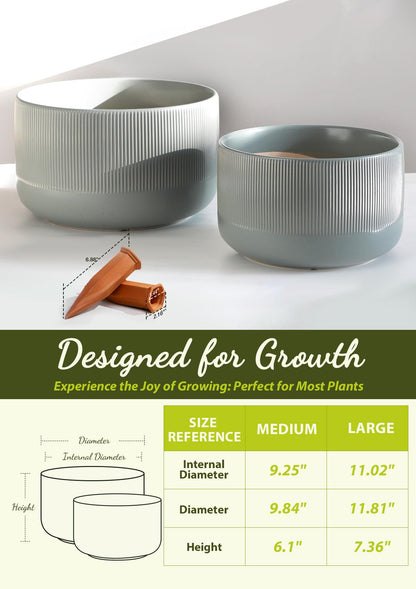 Jardin Tesoro Ceramic Planters - 10+12 Inch Large Pots for Indoor & Outdoor Plants, Modern Flower Pots with Drainage Holes and Self Watering Devices, House Grey-Blue Big Plant Pot, Set of 2