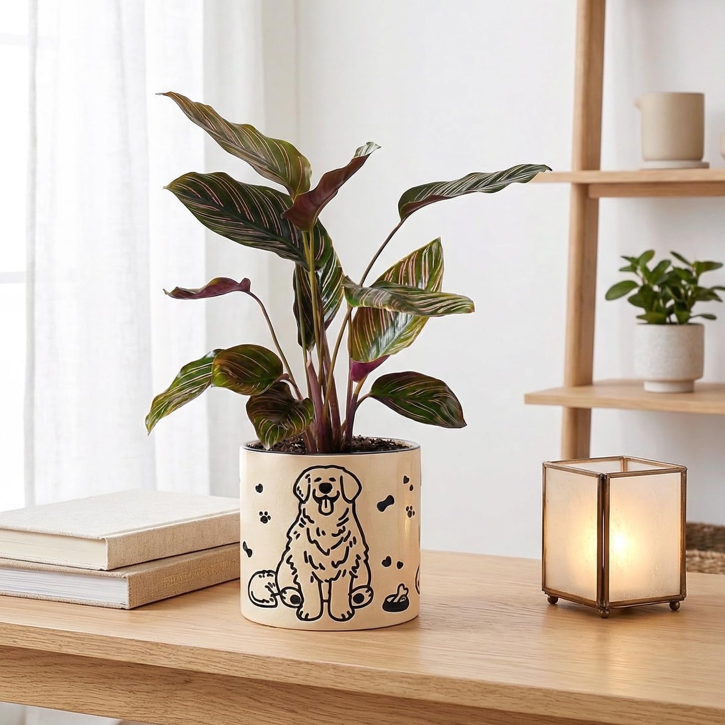 STHIE Ceramic Flower Pots with Drainage Holes, 5 inch Ceramic pots for Plants, Cute Round Flower Planters for Snake Plant, Hand-Painted Garden Pots (Sitting Dog)