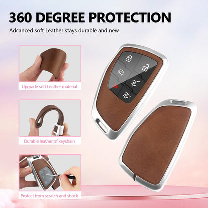 HEKBRYN for Chevy Key Fob Cover PU Leather, 3/4/5/6 Button Heavy Duty Car Key Case for Chevy 2022 2023 2024 2025 2026 GMC Sierra 1500 Suburban Tahoe Yukon Denali Silverado 2500HD(Silver-Brown)