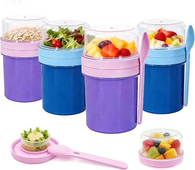 27oz Reusable Yogurt Parfait & Overnight Oats Cups – 100% Leakproof with Lid & Spoon, 4-Pack for Meal Prep, Breakfast & Gym Lunch(Purple,Blue)